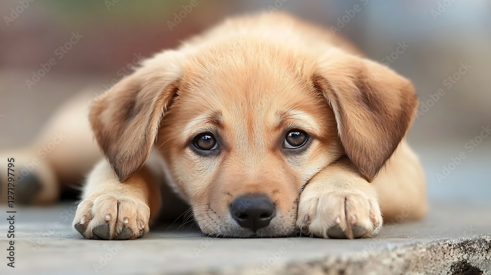 Adorable golden puppy lying down on a surface with big expressive eyes looking sweet and curious : Generative AI Adorable golden puppy lying down on a surface with big expressive eyes looking sweet and curious : Generative AI