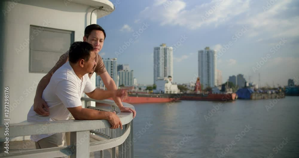 Couple enjoys city skyline view from balcony near the waterfront during late afternoon Couple enjoys city skyline view from balcony near the waterfront during late afternoon