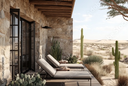 The patio at this desert resort comes complete with lounge chairs, cacti, and a panoramic view overlooking the sand dunes photo