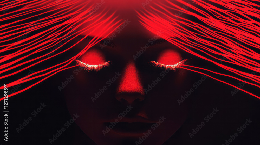 Fototapeta premium A near-silhouette of a womanâ€™s face, her eyes gently closed while glowing red tendrils extend