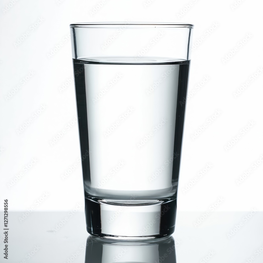 Tall, clear glass filled with water sits on bright white surface. Drink of clean refreshing water in transparent glass. Simple, elegant image promotes hydration, healthy lifestyle. Glass of life. Tall, clear glass filled with water sits on bright white surface. Drink of clean refreshing water in transparent glass. Simple, elegant image promotes hydration, healthy lifestyle. Glass of life.