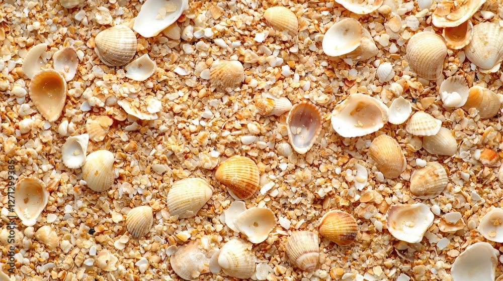 a close-up of fine sand on a beach, with shells scattered.