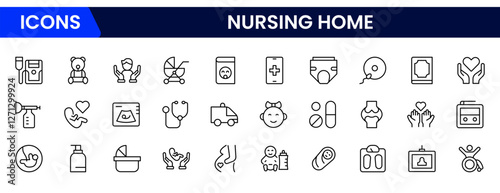 Nursing home icon set with elderly care, disabled, nurse, emergency, medical, hospital, responsibility and caring.