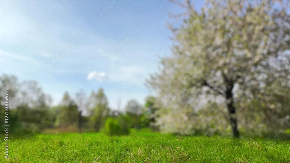 organic product display on grass meadow in blurred park landscape nature scene with bokeh lights in wind motion, spring background with white flowering defocused tree organic product display on grass meadow in blurred park landscape nature scene with bokeh lights in wind motion, spring background with white flowering defocused tree
