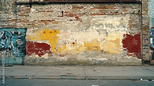 Weathered wall with faded paint and graffiti, telling urban stories of time, decay, and forgotten art. photo