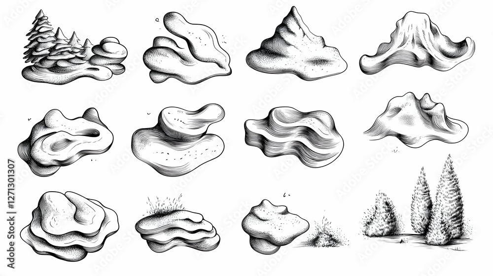 Abstract landscape sketches hills, mountains, trees. Graphic design element Abstract landscape sketches hills, mountains, trees. Graphic design element