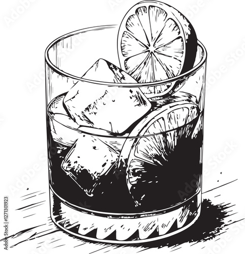 Negroni Cocktail Mocktail Black and White Vector Illustration, Sketch Drawing Linear Line Art Engraving, Isolated