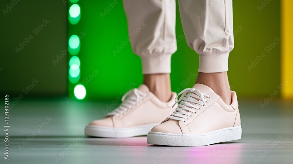 Elegant Close up of a dancers sneakers sliding across the floor mid spin illuminated by flashing neon lights during an intense hip hop performance Elegant Close up of a dancers sneakers sliding across the floor mid spin illuminated by flashing neon lights during an intense hip hop performance
