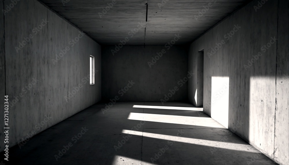 A dimly lit concrete room with a small window on the back wall and a doorway leading to another room. A dimly lit concrete room with a small window on the back wall and a doorway leading to another room.