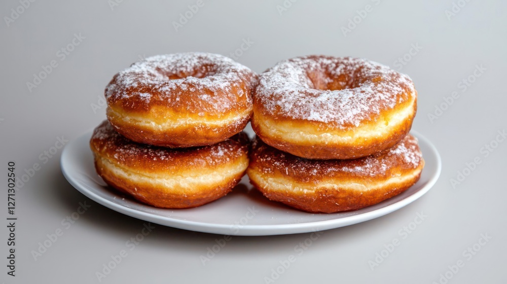 Four Golden Brown Donuts with Powdered Sugar on White Plate Four Golden Brown Donuts with Powdered Sugar on White Plate