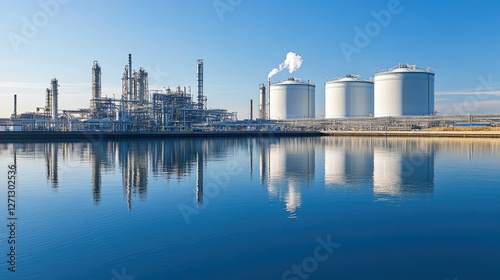 An LNG terminal with large cooling towers and gas storage tanks