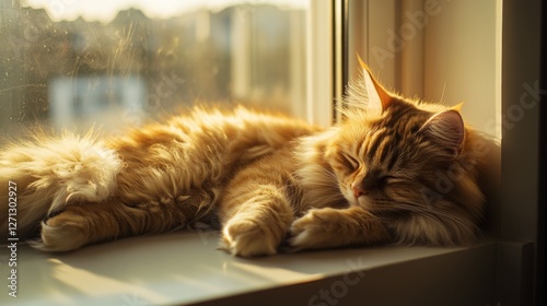 Sunlight gently blankets a fluffy cat lounging on a windowsill, embodying pure tranquility and warmth in a cozy setting. photo