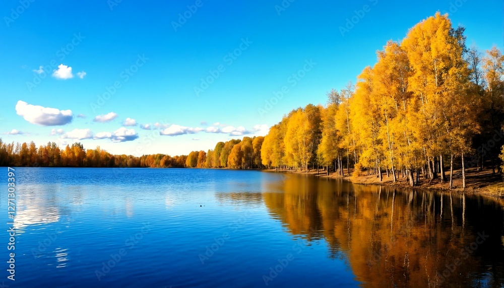 A serene lake scene with trees and clouds. A serene lake scene with trees and clouds.