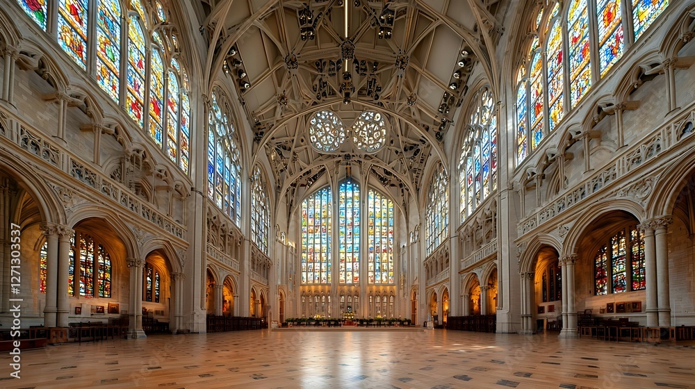 Obraz premium Ornate Church Interior with Stained Glass Windows