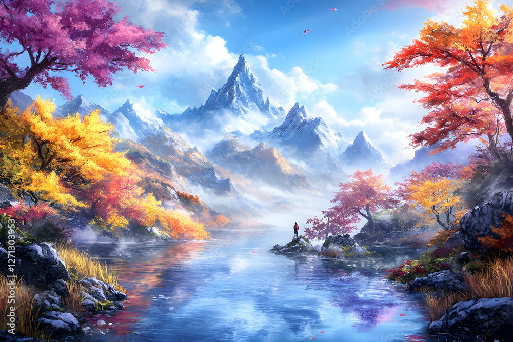 Autumnal mountain lake, solo hiker, colorful foliage Autumnal mountain lake, solo hiker, colorful foliage