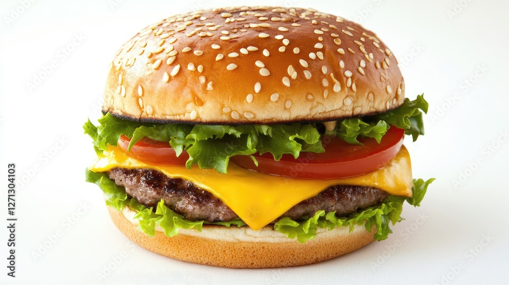Mouthwatering cheeseburger with layers of toppings, isolated on a white background. Mouthwatering cheeseburger with layers of toppings, isolated on a white background.