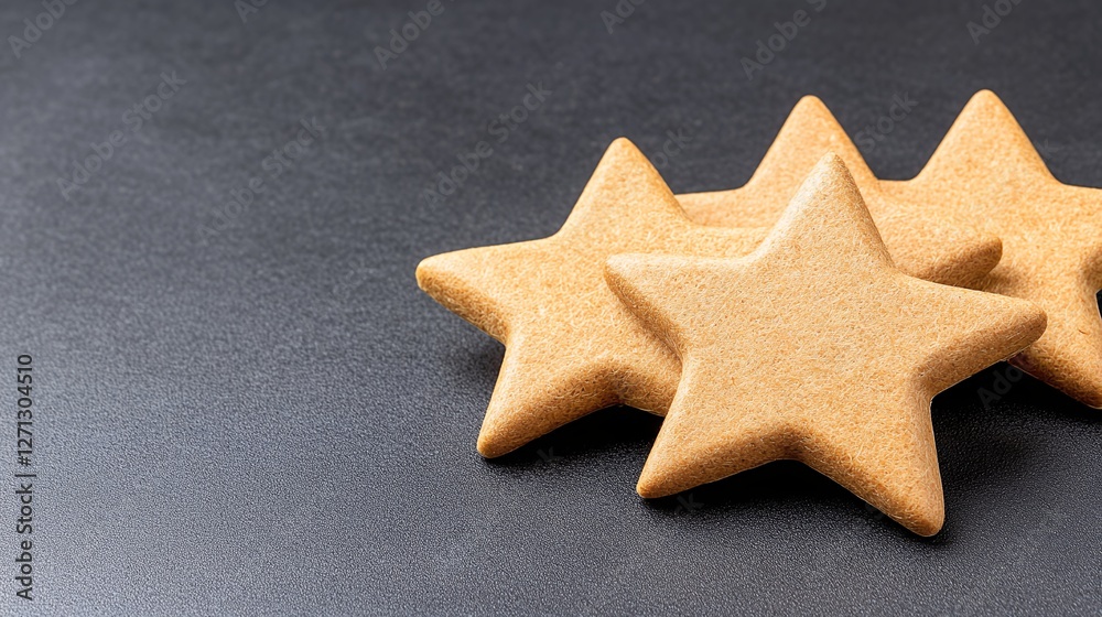 Close-Up of Three Golden Star-Shaped Cookies on Textured Black Surface Close-Up of Three Golden Star-Shaped Cookies on Textured Black Surface