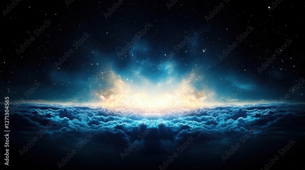 Fototapeta premium Ethereal Blue and Dark Cosmic Landscape with Glowing Stars and Clouds