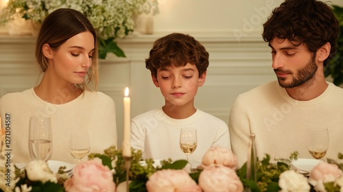 Elegant Family gathered around a beautifully set Seder table reciting prayers from the Haggadah as candles glow warmly in the background  photo
