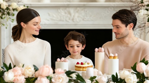 Elegant Family gathered around a fireplace sharing stories and enjoying Easter pastries like tarte aux fraises and eclairs cozy spring celebration 
