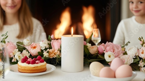 Elegant Family gathered around a fireplace sharing stories and enjoying Easter pastries like tarte aux fraises and eclairs cozy spring celebration 