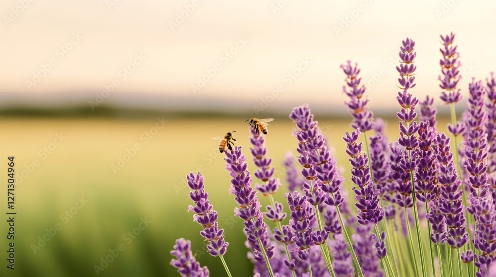 Obraz premium Elegant Field of lavender swaying in the breeze as bees fly from bloom to bloom under golden hour light serene pollination scene 