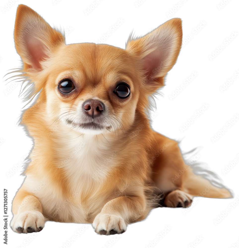 A long-haired Chihuahua with a golden-brown coat stands against a black background, gazing attentively forward. A long-haired Chihuahua with a golden-brown coat stands against a black background, gazing attentively forward.