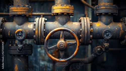 Rusty industrial pipes form a complex network, centered around a wheel valve, showcasing age and functionality. photo