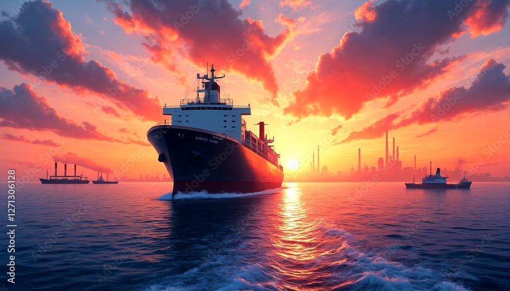 a large ship sailing on the water at sunset. a large ship sailing on the water at sunset.