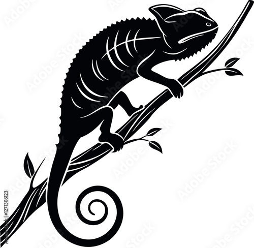 Chameleon Climbing Black Silhouette, Minimalistic Vector Illustration, Animal Silhouette, Reptile Art, Climbing Chameleon, Simple Animal Design, Nature Vector, Vector Illustration of Chameleon.