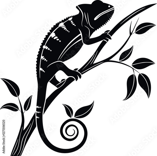 Chameleon Climbing Black Silhouette, Minimalistic Vector Illustration, Animal Silhouette, Reptile Art, Climbing Chameleon, Simple Animal Design, Nature Vector, Vector Illustration of Chameleon.