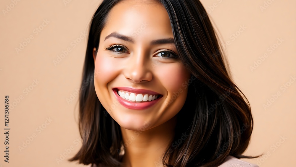 Smiling Woman with Shoulder-Length Hair, Portrait in Soft Studio Lighting Smiling Woman with Shoulder-Length Hair, Portrait in Soft Studio Lighting