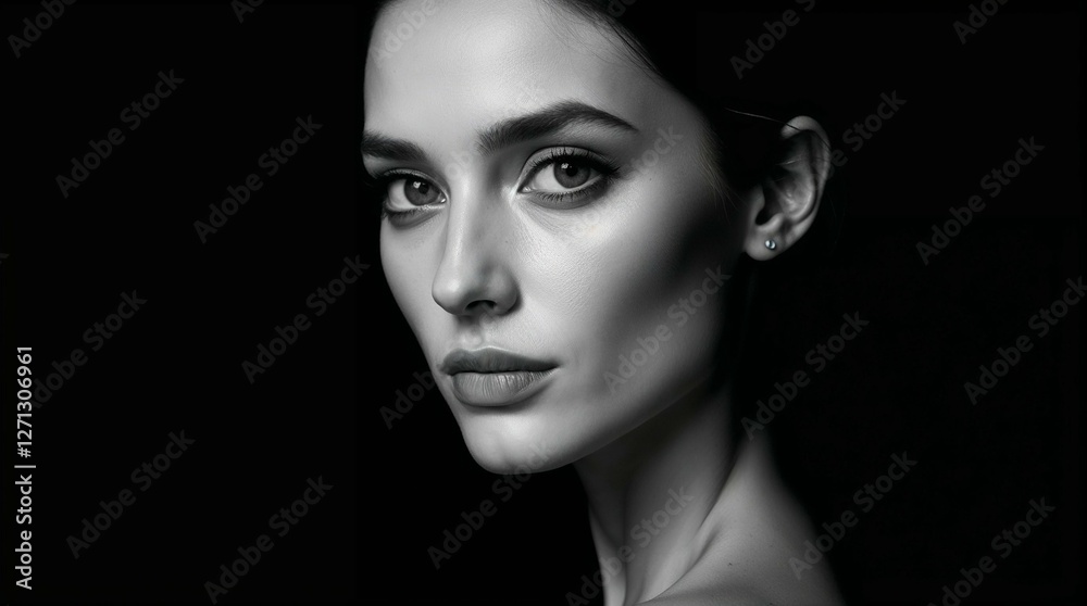 Fototapeta premium Striking black and white portrait of a graceful woman against a dark background