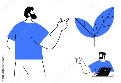 Man pointing forward, digital worker with laptop pointing, blue leaves symbolizing growth and nature. Ideal for teamwork, technology, environment, innovation, progress, collaboration sustainability