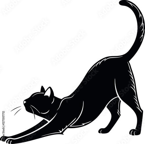 Cat Stretching Black Silhouette, Minimalistic Vector Illustration, Cat Silhouette, Stretching Cat Design, Minimalist Animal Art, Cat Vector, Elegant Cat Pose, Simple Vector Illustration.