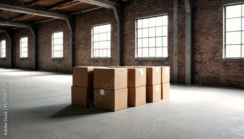 Empty warehouse with cardboard boxes.