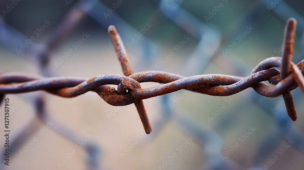 Rusty barbed wire fence close up showing twisted wire and sharp barbs against a blurred background : Generative AI Rusty barbed wire fence close up showing twisted wire and sharp barbs against a blurred background : Generative AI