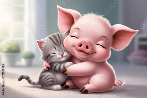Cute pink pig and cat hugging each other. Illustration of a cute cartoon watercolor pig. Cute animals
