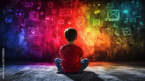 Child Contemplating Surrounded by Colorful Icons