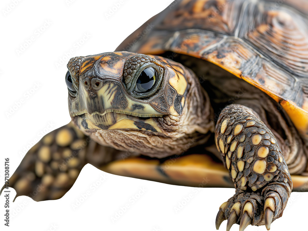 Naklejka premium A vibrant tortoise with a beautifully patterned shell and striking yellow-orange markings on its face and legs is shown in close-up.