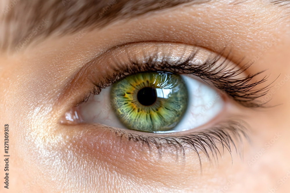 Fototapeta premium Close-up green eye, eyelashes, eyebrow, beauty, healthcare