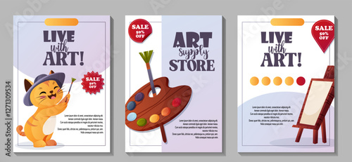 Vector set of promotional posters for an art store. Includes a palette, brush, easel, and artist cat with a 50% discount  
