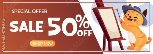 Vector illustration of a promotional banner with a 50% discount on art supplies. Features an artist cat with a brush and an easel  