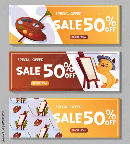 Vector set of promotional banners with a 50% discount on art supplies. Features a palette, brush, easel, and artist cat  