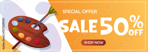 Vector illustration of a banner featuring a painting palette and brush. 50% discount on art supplies in an online store or studio  