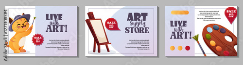 Vector set of promotional posters with a 50% discount for an art store. Features an artist cat, easel, brush, and palette  