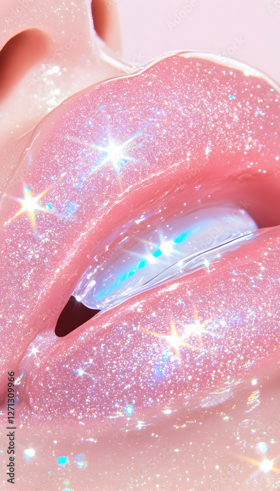 Fototapeta premium Close-up sparkly pink lips, beauty shot, studio lighting, cosmetic ad