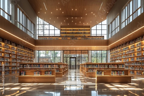 A grand library interior featuring rows of bookshelves illuminated by natural light, showcasing architectural design and vast collection of literary resources for educational pursuits.
