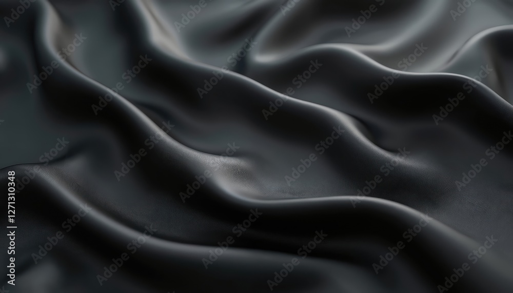 Obraz premium Abstract black satin fabric with smooth waves, silky texture. Elegant dark material backdrop. Luxurious flowing cloth creates minimalist modern design. Perfect for backgrounds, product, fashion