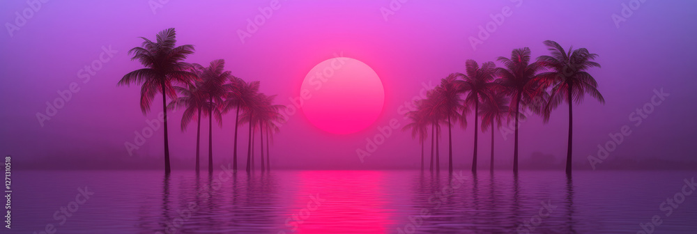 Obraz premium A highly stylized environment: palm-like pillars arch overhead, each reflecting hot pink